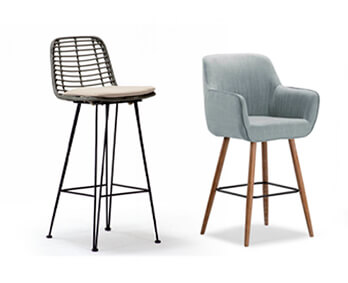 Two different styles of barstools, ranging from classic to modern, on a white background